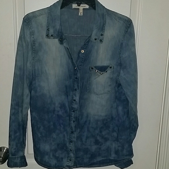Washed denim gold studded button up