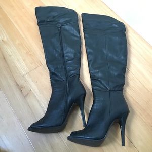 Over the knee faux leather peep toe boots size 6.5