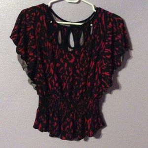 Red with black blouse