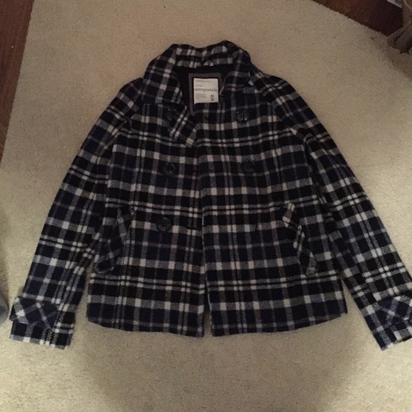 Navy blue plaid pea coat