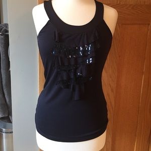 Deep navy glitter and ruffled tank top