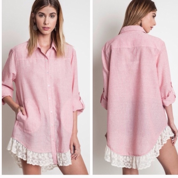 •striped button down top with lace• - Picture 2 of 2
