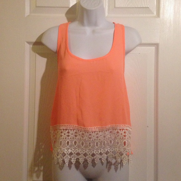TOBI Bright Peach Lace, chiffon Top Shirt SMALL