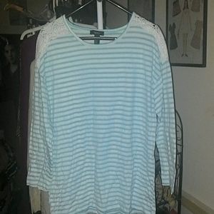 Long sleeve white and teal blue colored shirt