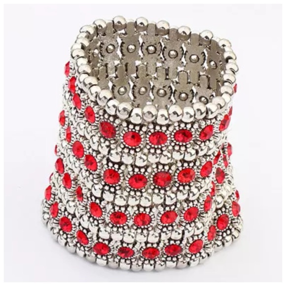 4 Row Silver Red Crystal Beaded Bracelet - Picture 4 of 5