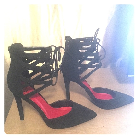 Black lace up faux suede heels