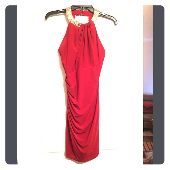 Red and gold form fitted cocktail dress