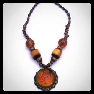 🍁Genuine Amber & Wood Earthy Boho Necklace