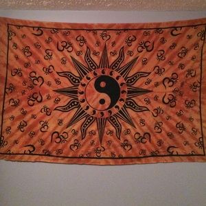 Huge Orange Sun, Ying Yang, and Om Wall Tapestry