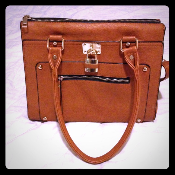Handbags - Brown Satchel with Gold Lock