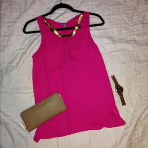 Hot Pink Sleeveless Blouse with Gold Necklace