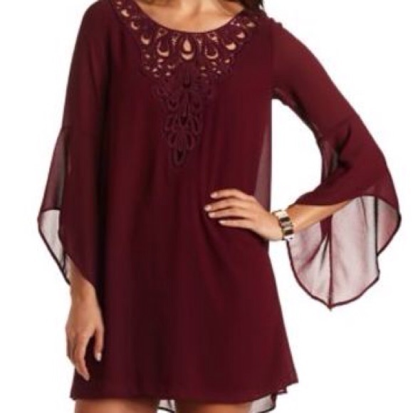 Crochet Bib Chiffon Shift Dress, Wine, XS