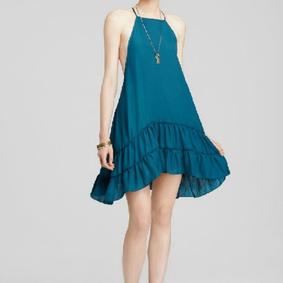 Free people teal raven ruffled slip dress