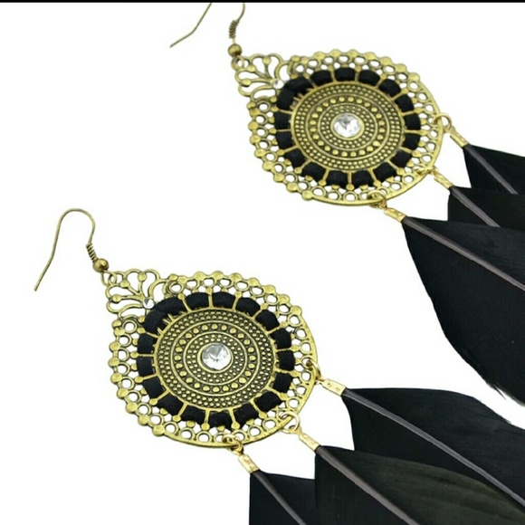 BeeJeweled Feather Earrings-Long - Picture 2 of 3