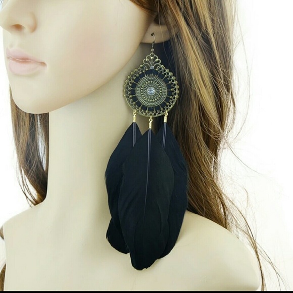 BeeJeweled Feather Earrings-Long - Picture 3 of 3