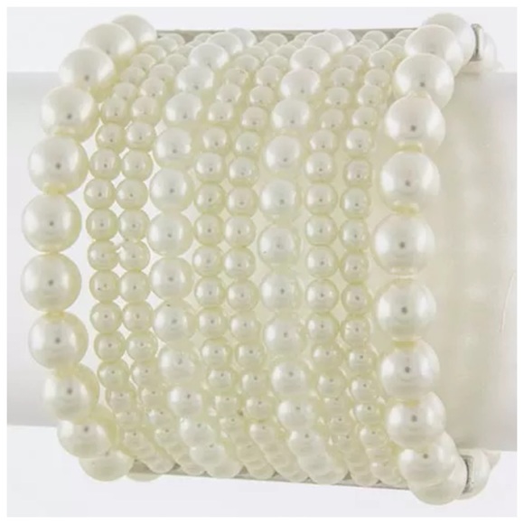 D24 White Faux Pearl 10 Strand Stacking Bracelet - Picture 2 of 4