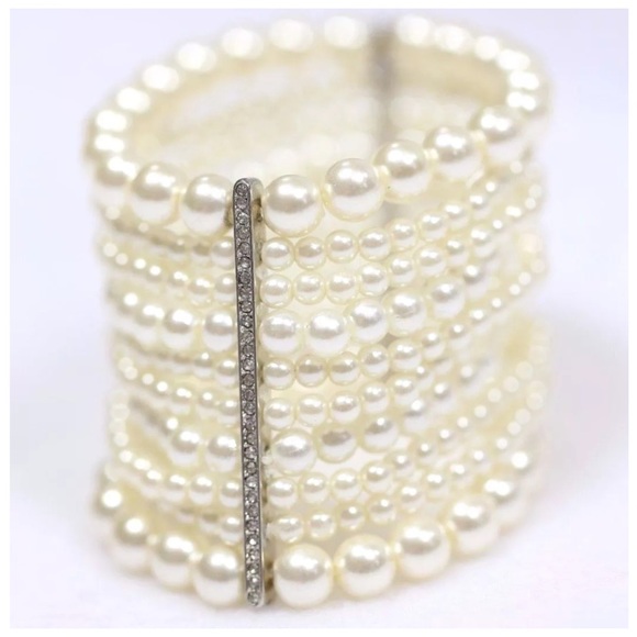 D24 White Faux Pearl 10 Strand Stacking Bracelet - Picture 3 of 4