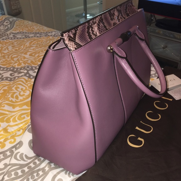 Gucci Lady Bamboo Leather and Python Top Handbag - Picture 2 of 4