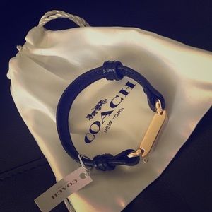 Black Leather Bracelet with Gold Coach Plate