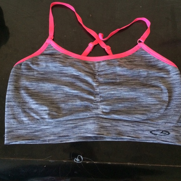 Grey marled with pink trim sports bra