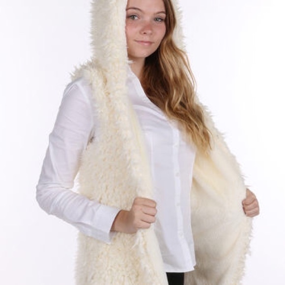 White Fuzzy Faux Fur Vest with Hood