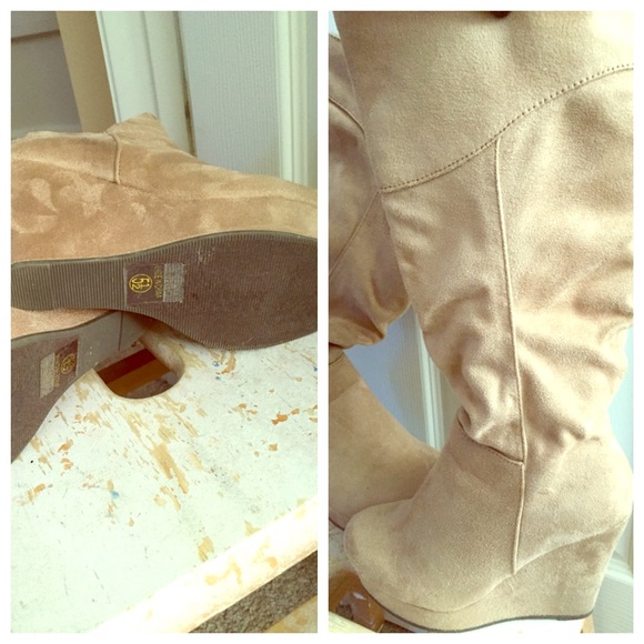 Beige suede wedge boots