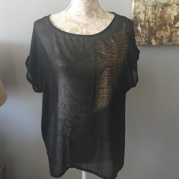 Sheer Black Top with Gold Appliqué