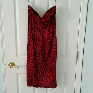 Red Bebe animal print strapless dress.