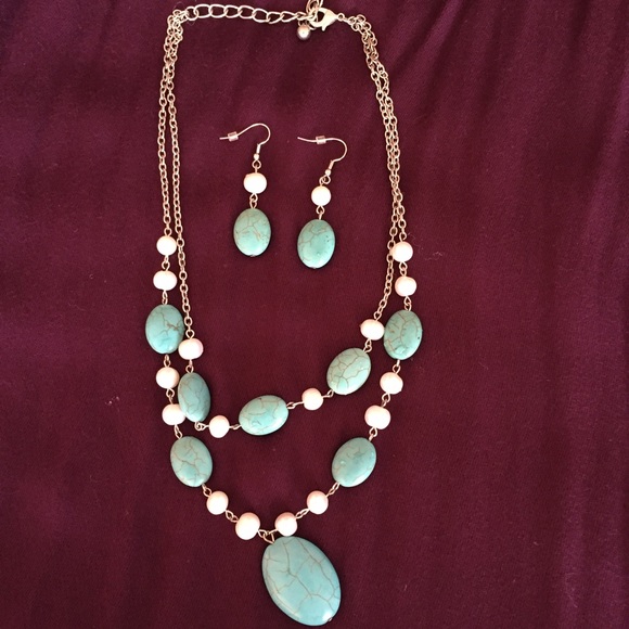 Turquoise & pearl fashion necklace & earring set