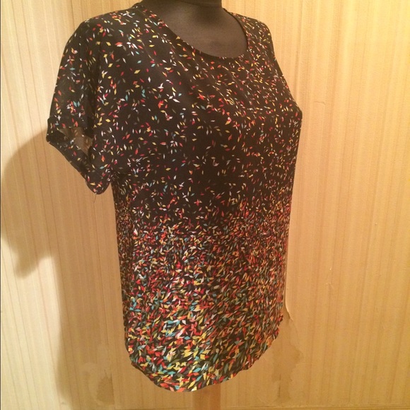 Black Semi Sheer Rainbow Diamond Pattern Top - Picture 2 of 4