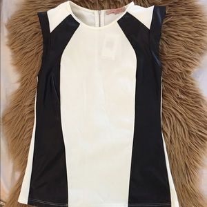 Sleeveless Ivory Top Black Faux Leather Panels XS
