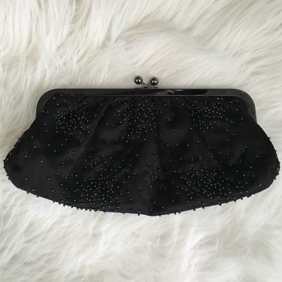 Black beaded satin formal clutch