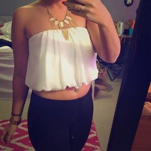 Pleated white strapless crop top