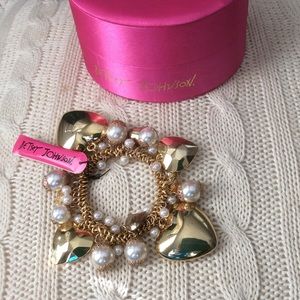 Betsey Johnson Gold Pearl Charm Bracelet and Box