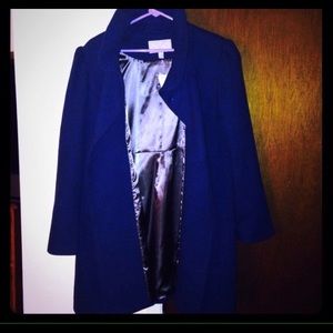 Long teal pea coat, shiny satin like finish inside