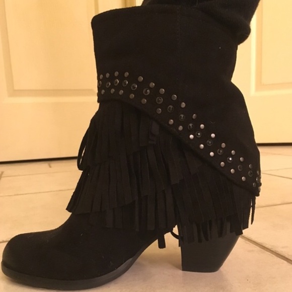 Not Rated Shoes - Black suede adorable fringed and studded boots