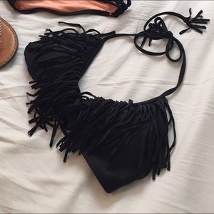 Black Fringe Halter Bikini Top