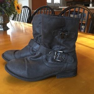 Black Perforated Buckle Ankle Boots