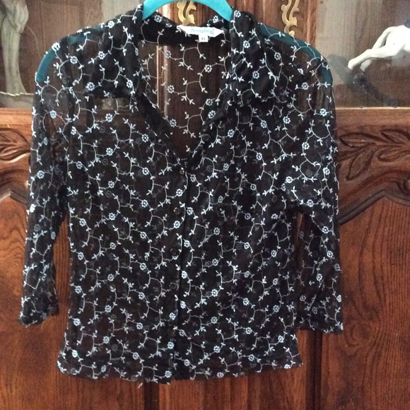 Sheer black top with blue embroidered flowers