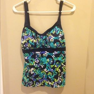 A multi color mosaic type bathing suit top.