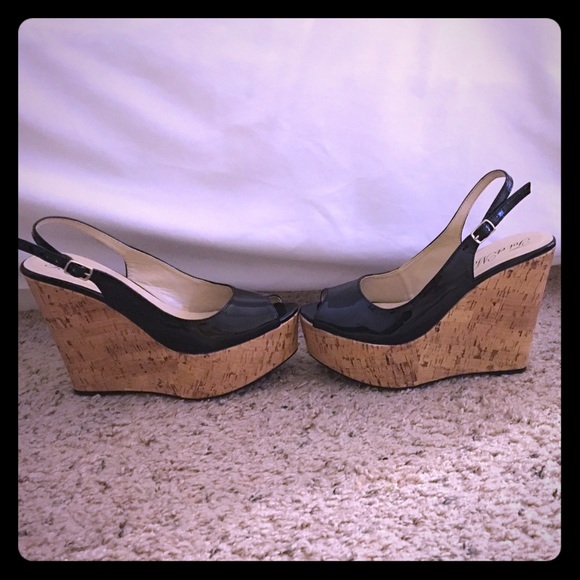 Patent Peeptoe Cork-bottom sling back wedges