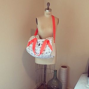 Benefit - Gym Bag-White w/Black Print/Coral Straps