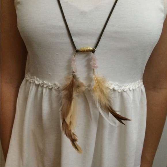 Rose Quartz bohemian feather necklace
