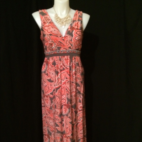Coral and gray paisley maxi dress