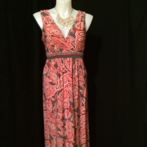 Coral and gray paisley maxi dress