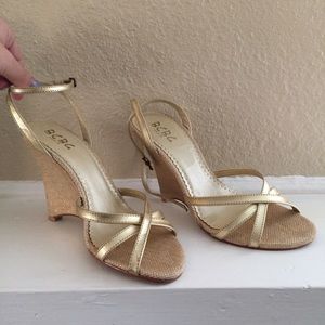 BCBG Paris woven gold tone wedges