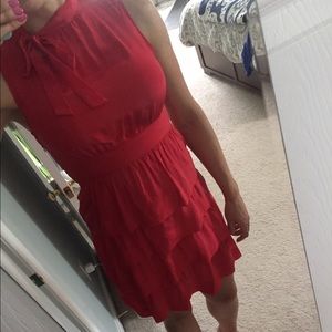 Coral tiered anthropologie silk dress