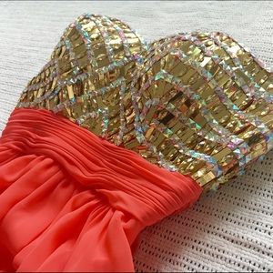 Coral Jeweled Long Strapless Dress