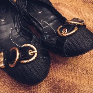 BCBG Black flats with gold buckle!