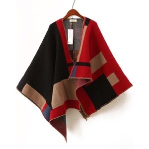 Red and black asymmetric wool blend cape